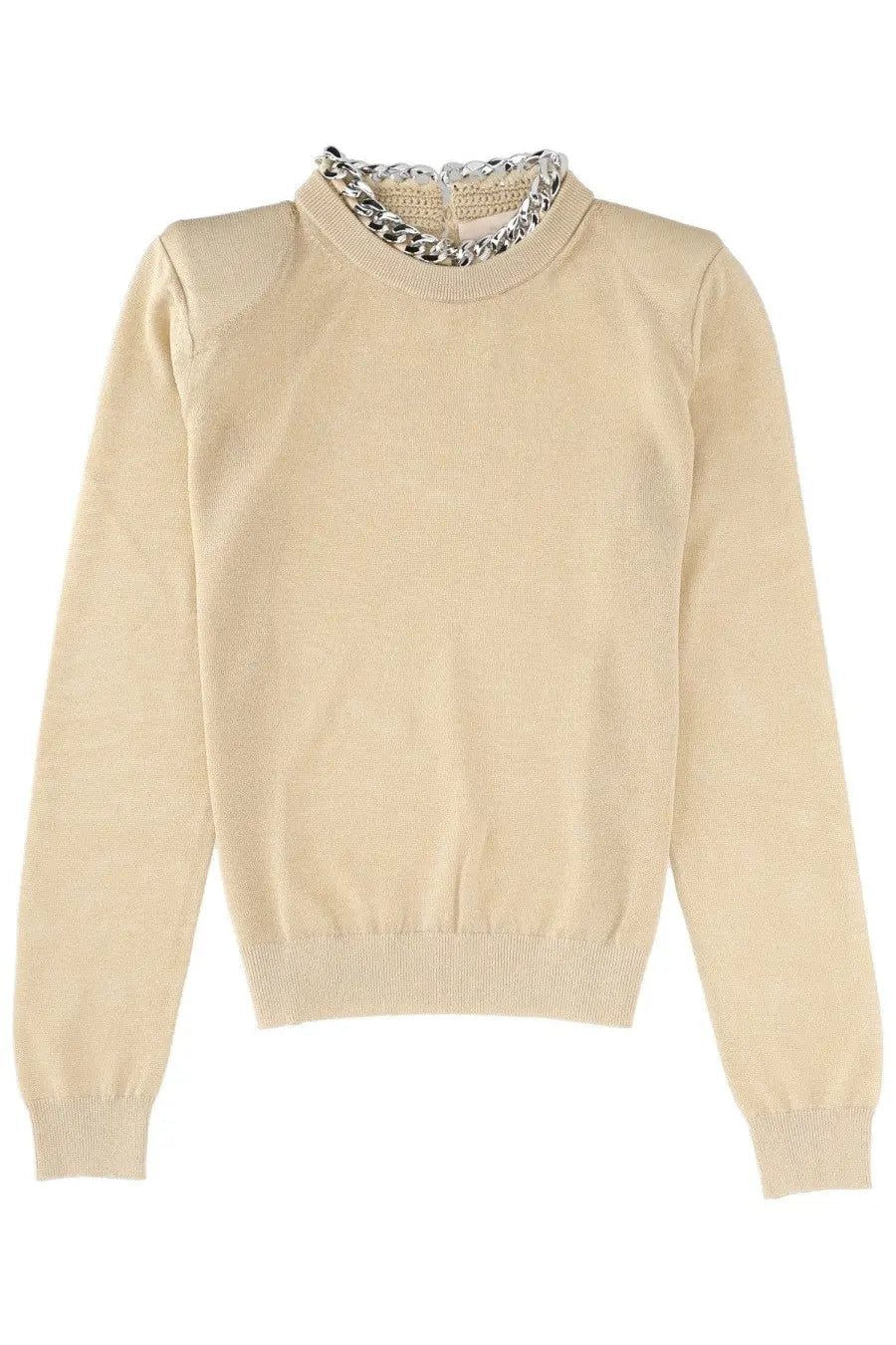 Circus Hotel women’s beige knit sweater with bold silver chain collar in link white style