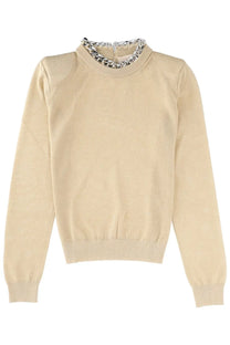 Circus Hotel women’s beige knit sweater with bold silver chain collar in link white style