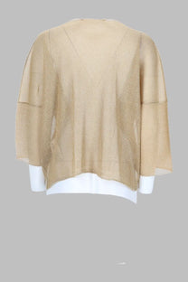 Beige lurex ribbed knit cardigan with wide flared sleeves and relaxed fit from circus hotel women’s collection