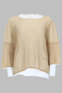 Circus hotel women’s lurex ribbed top gold beige ribbed knit sweater with white inner layer and bell sleeves
