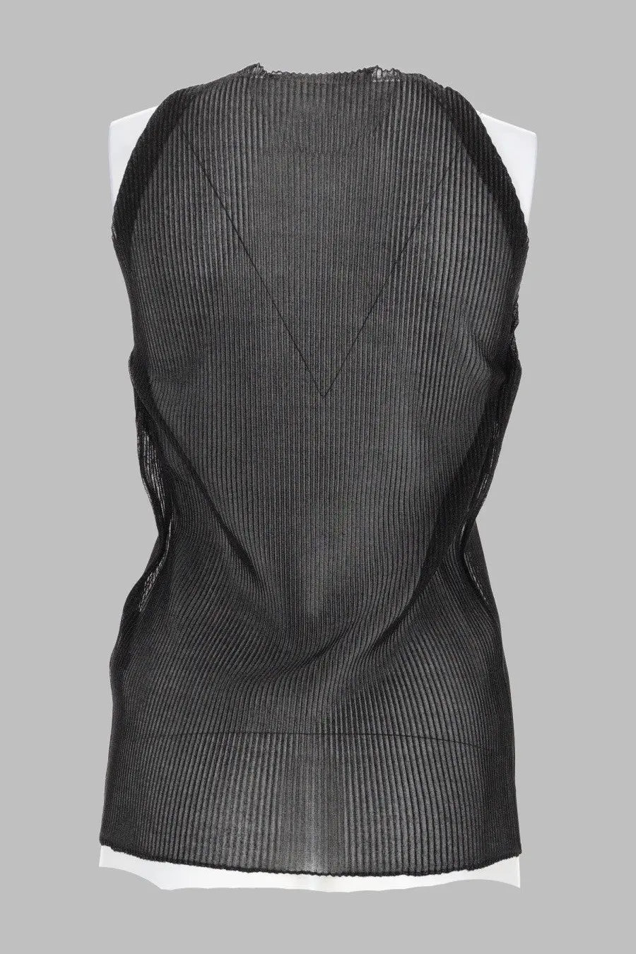 Back of circus hotel women’s lurex top black showing sleeveless black ribbed mesh fabric with v-shaped seam