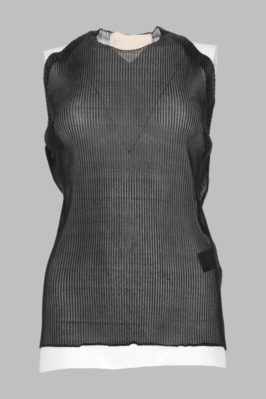 Circus Hotel women’s black lurex sleeveless top with ribbed mesh fabric and white hem and neckline trim