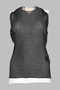Circus Hotel women’s black lurex sleeveless top with ribbed mesh fabric and white hem and neckline trim