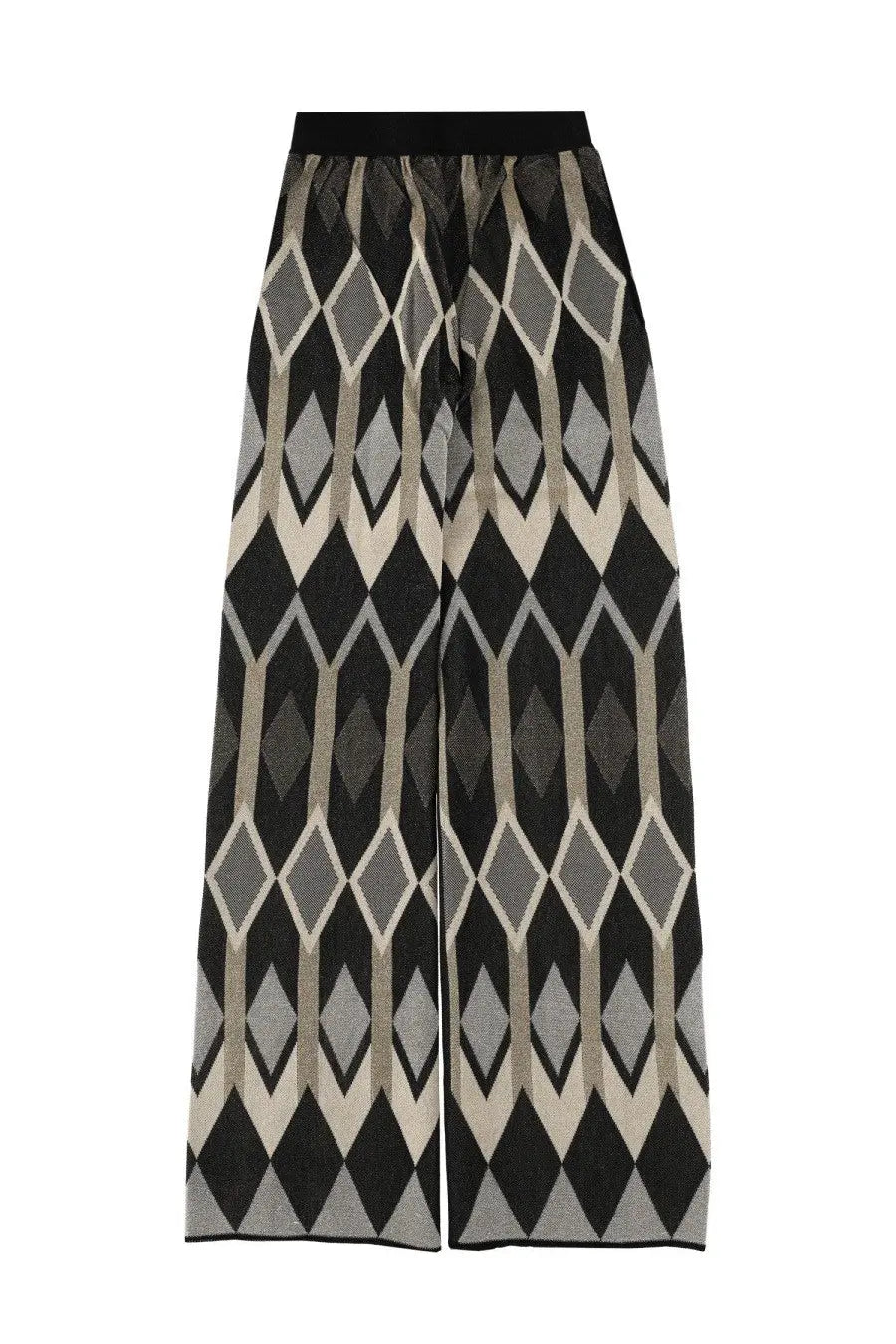 Circus hotel women’s wide-leg trousers in black gray and cream geometric pattern with black elastic waistband