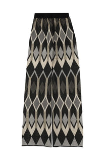 Circus hotel women’s wide-leg trousers in black gray and cream geometric pattern with black elastic waistband