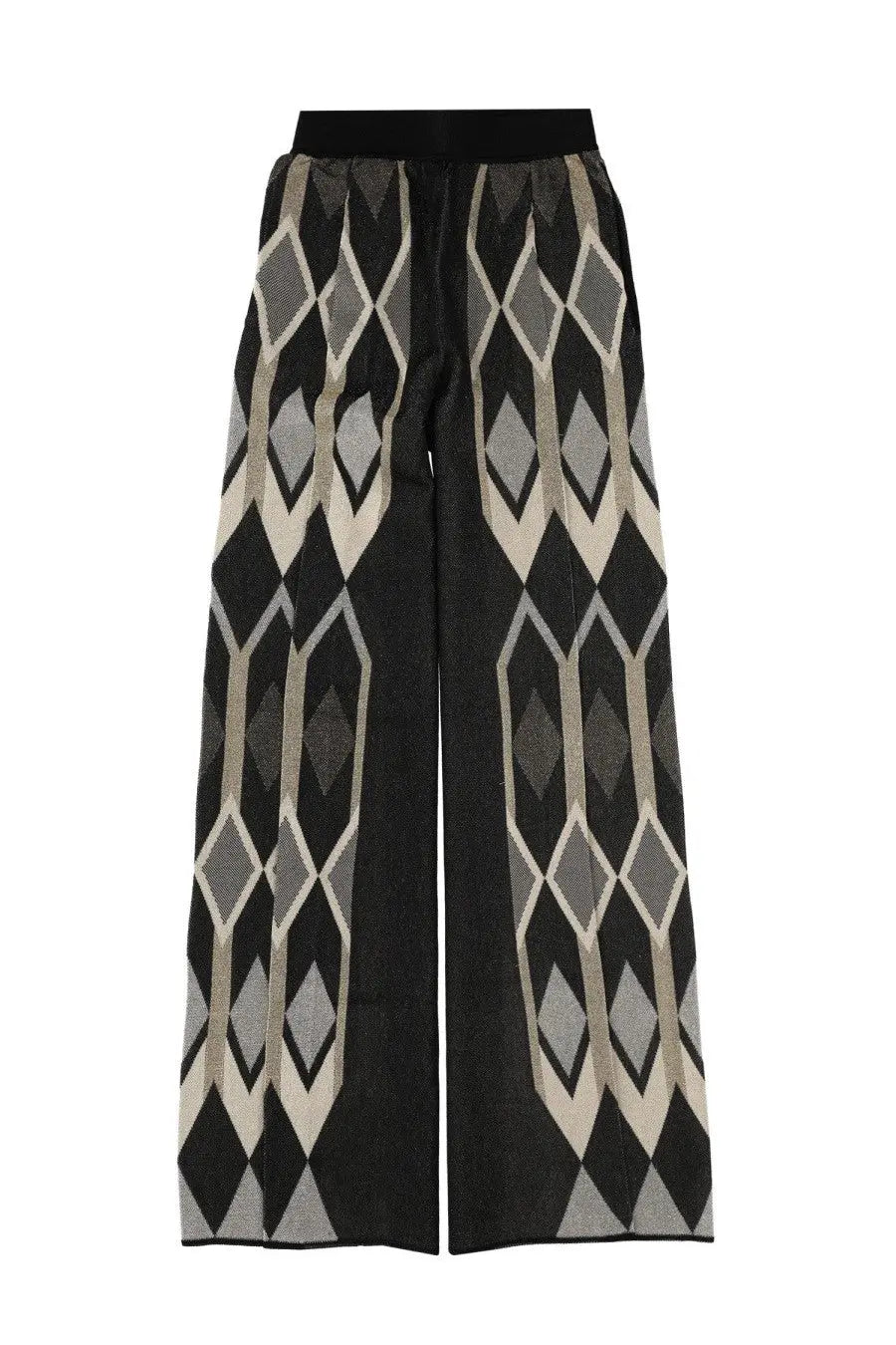 Circus Hotel women’s black wide-leg pants with bold gray and cream geometric pattern and elastic waistband