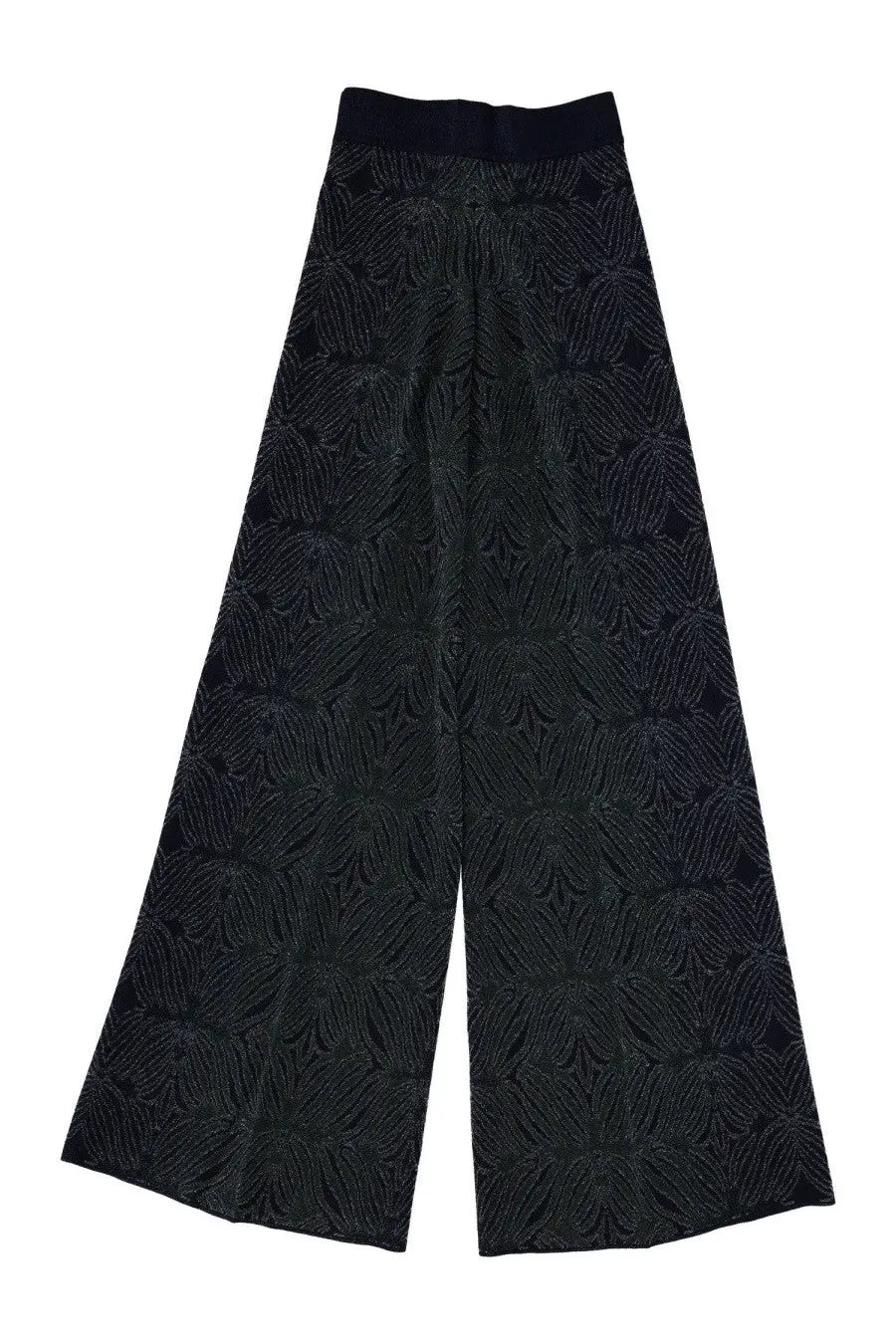 Circus Hotel women’s black wide-leg trousers with a subtle shimmering floral pattern in multicolor fabric