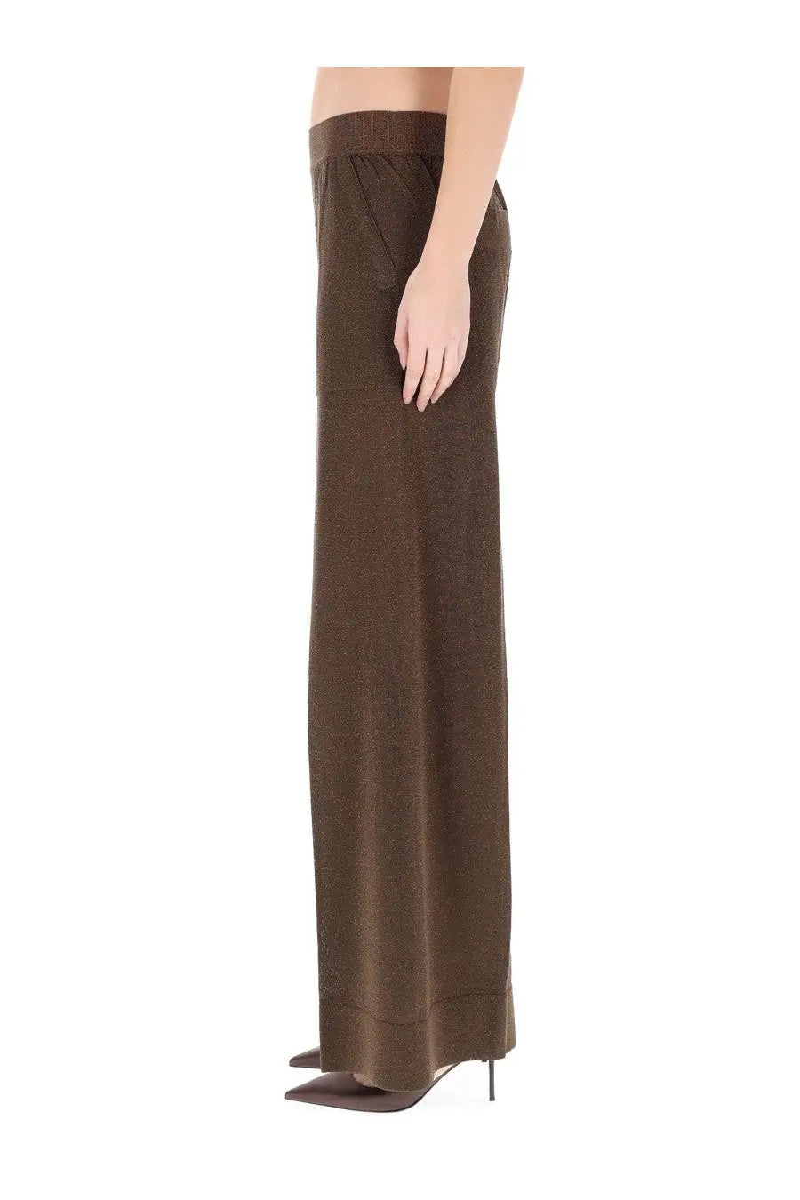 Circus Hotel women’s tailored brown wide-leg trousers with subtle textured pattern and elastic waistband