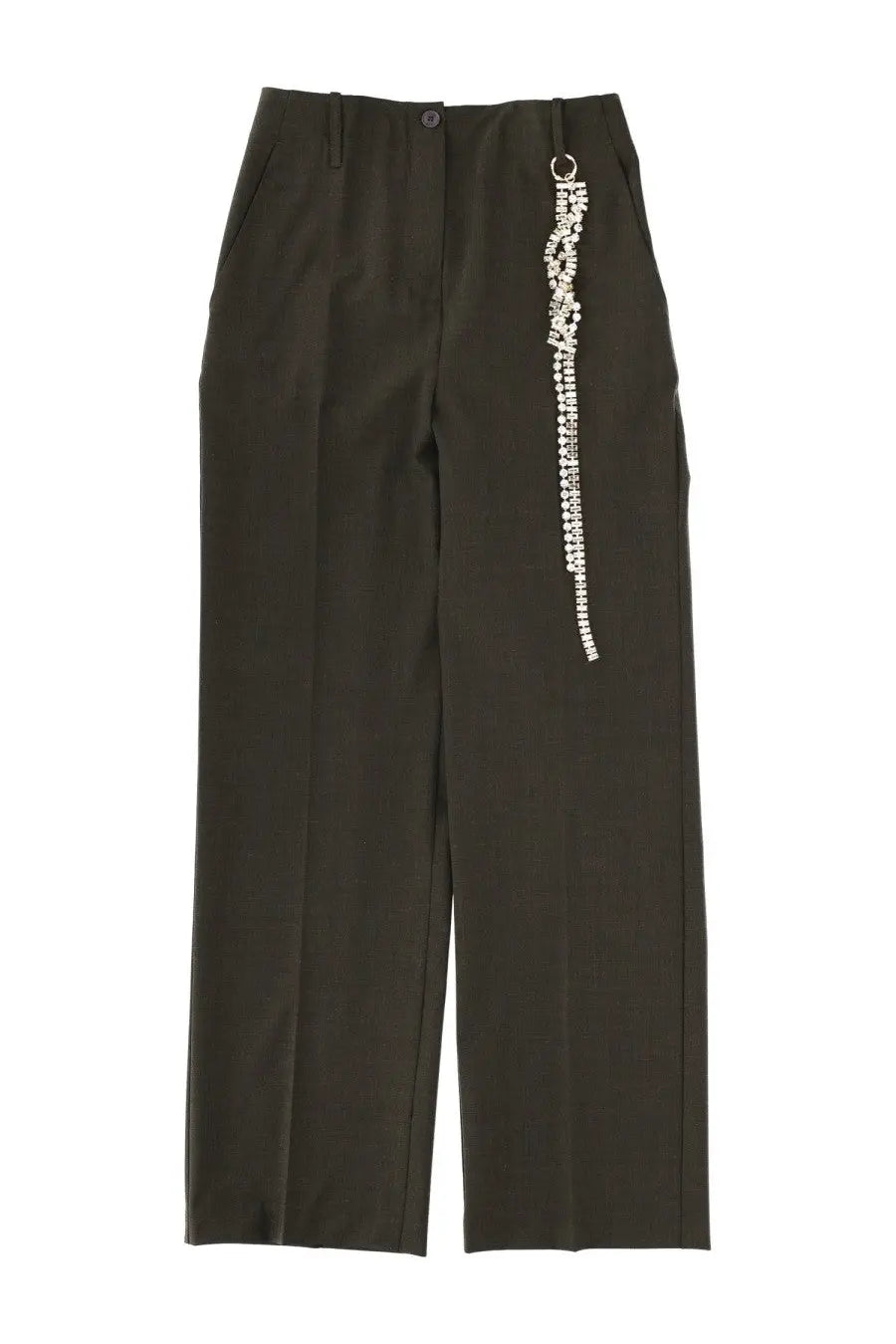 Circus Hotel women’s tailored green high-waisted trousers with straight-leg cut and silver chain side embellishment