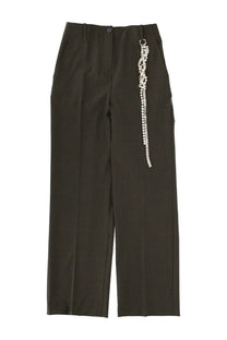 Circus Hotel women’s tailored green high-waisted trousers with straight-leg cut and silver chain side embellishment
