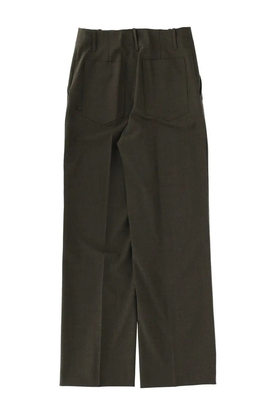 Dark olive green straight-leg tailored pants with two rear pockets shown from the back by circus hotel women