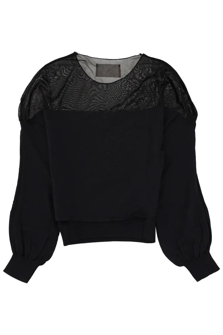 Black blouse with sheer patterned mesh shoulders and puffed sleeves from Circus Hotel women’s top collection