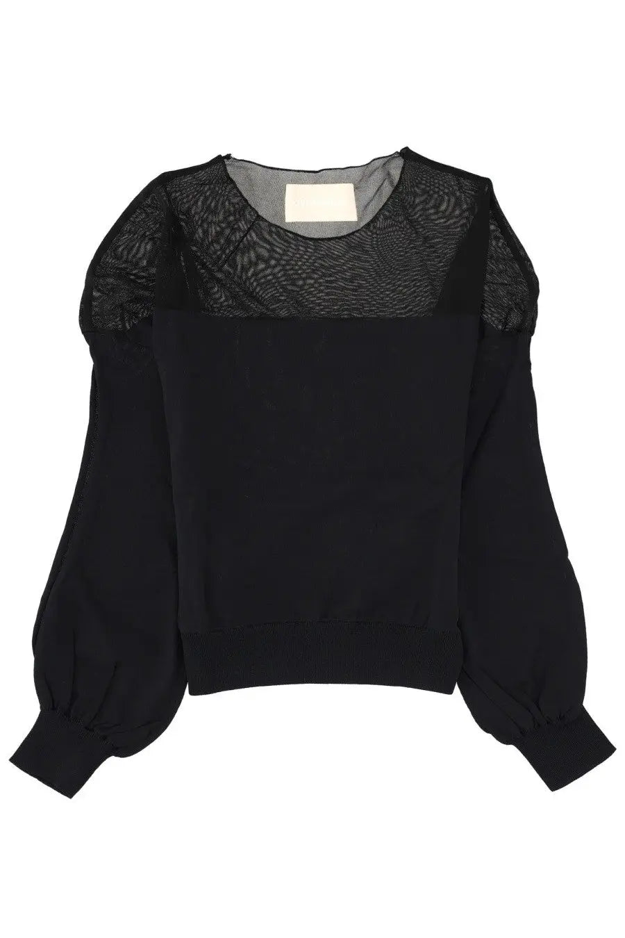 Circus Hotel women’s black blouse with sheer patterned mesh sleeves and solid fabric body front view