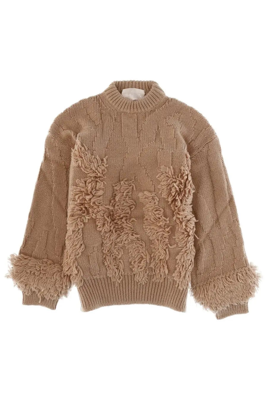 Circus Hotel women’s beige wool blend sweater with textured cable knit and fluffy fringed embellishments on front and cuffs