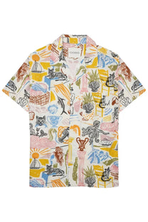 Closed men’s camicia in cotone con stampa multicolor vibrant short-sleeved shirt with playful cat and seafood print on cream background