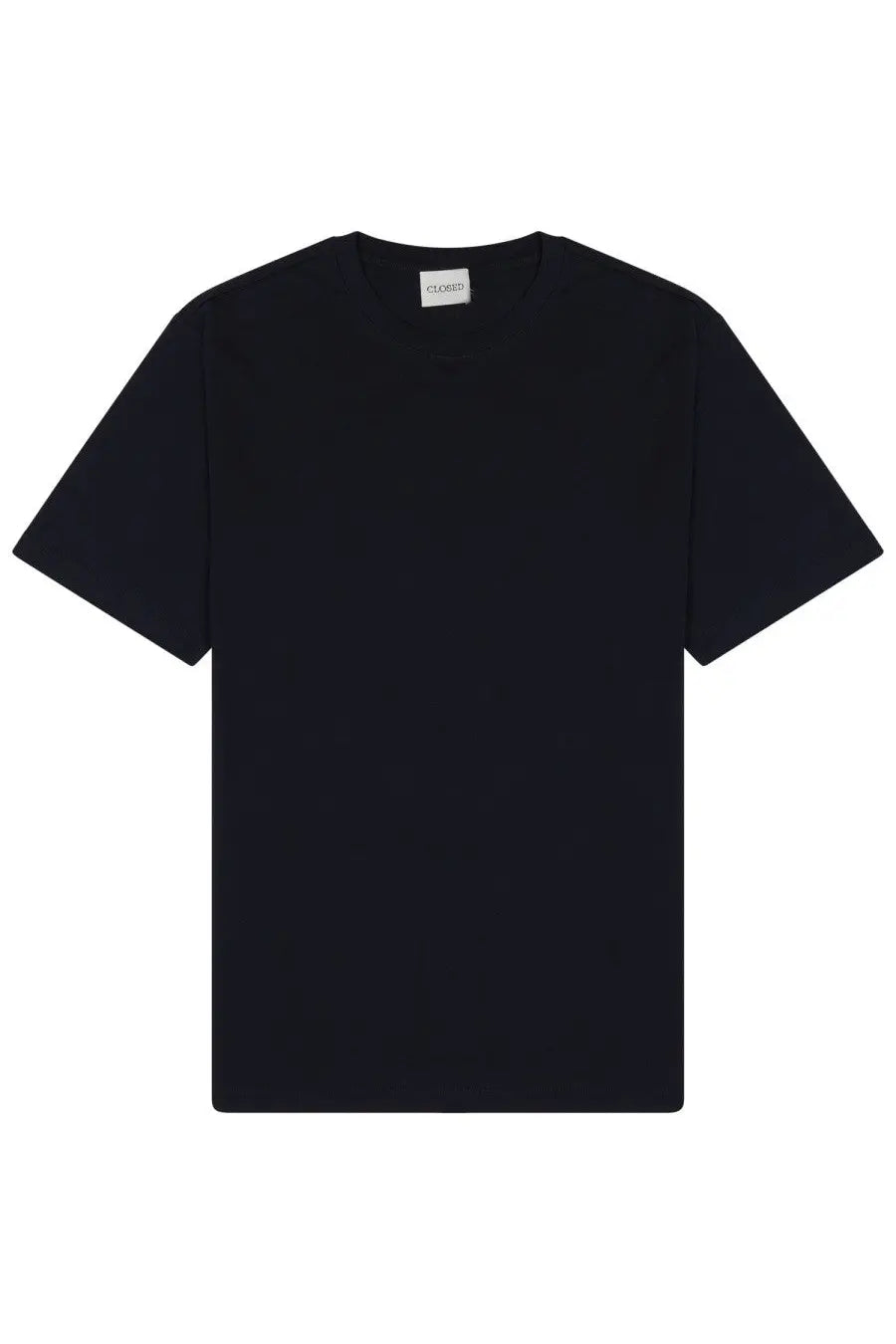 Black cotton crew-neck t-shirt with minimalist design and subtle brand tag at neckline for casual wear
