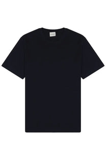 Black cotton crew-neck t-shirt with minimalist design and subtle brand tag at neckline for casual wear