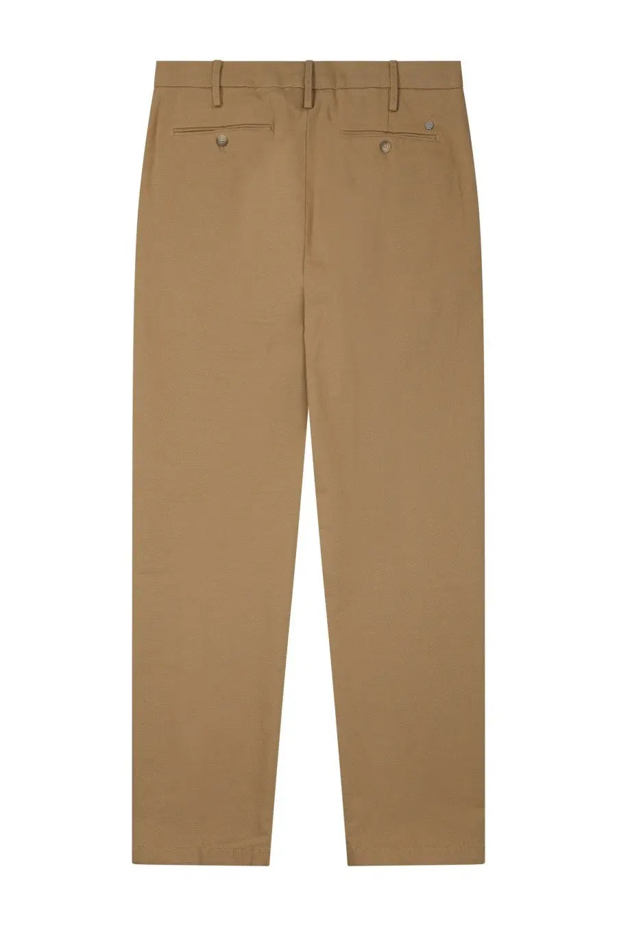 Back view of closed men’s cotton tailored tan chino trousers with buttoned back pockets and subtle stitching details