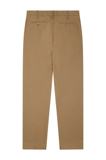 Back view of closed men’s cotton tailored tan chino trousers with buttoned back pockets and subtle stitching details