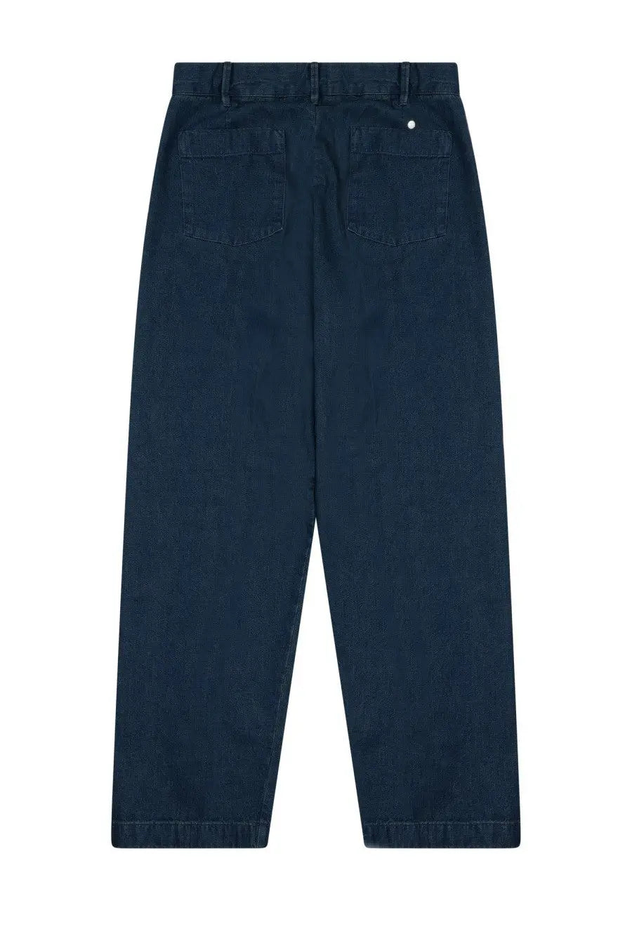 Dark indigo closed men’s denim pants with relaxed straight-leg cut and classic back pockets shown from the back side