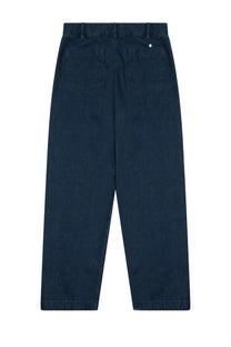 Dark indigo closed men’s denim pants with relaxed straight-leg cut and classic back pockets shown from the back side
