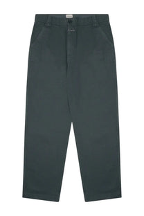 Dark green straight-leg chino trousers with button closure and belt loops shown from the front for men