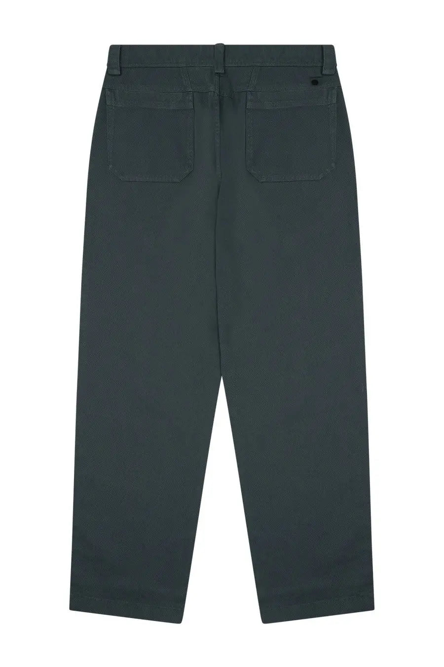 Back side of closed men’s grey denim pants showing dark green straight-leg trousers with two back pockets and belt loops