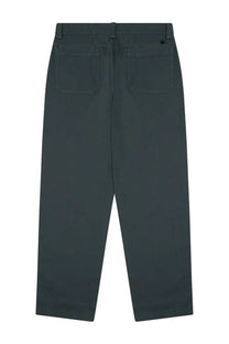Back side of closed men’s grey denim pants showing dark green straight-leg trousers with two back pockets and belt loops