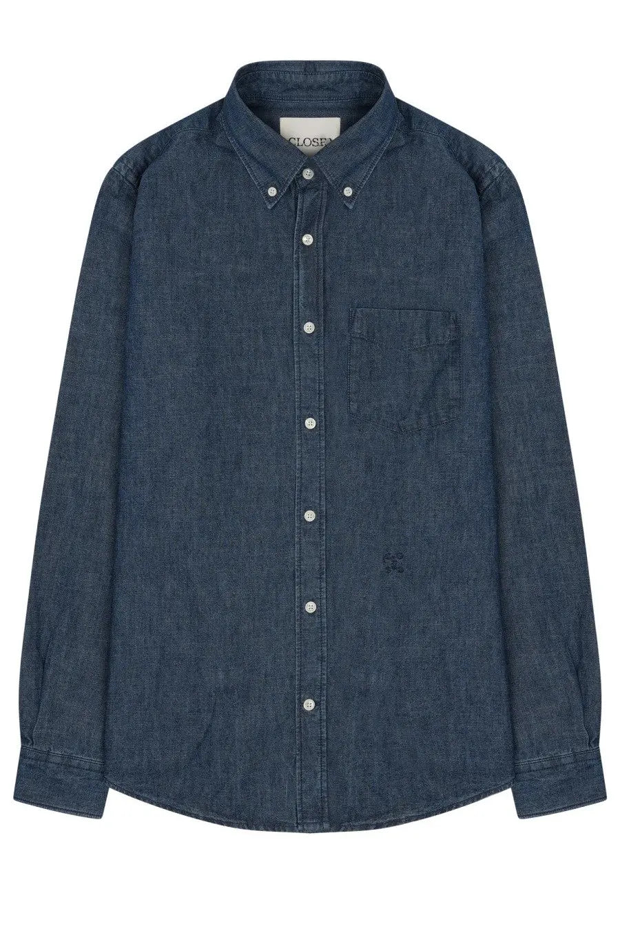 Dark blue denim button-down shirt with subtle textured weave and white buttons from Closed mens denim shirt blue