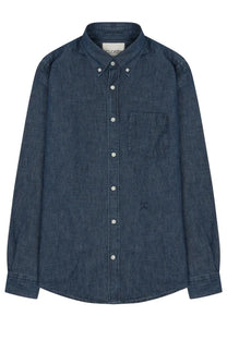 Dark blue denim button-down shirt with subtle textured weave and white buttons from Closed mens denim shirt blue