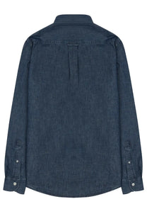 Dark blue denim button-up shirt with classic collar and long sleeves from Closed mens denim shirt blue collection