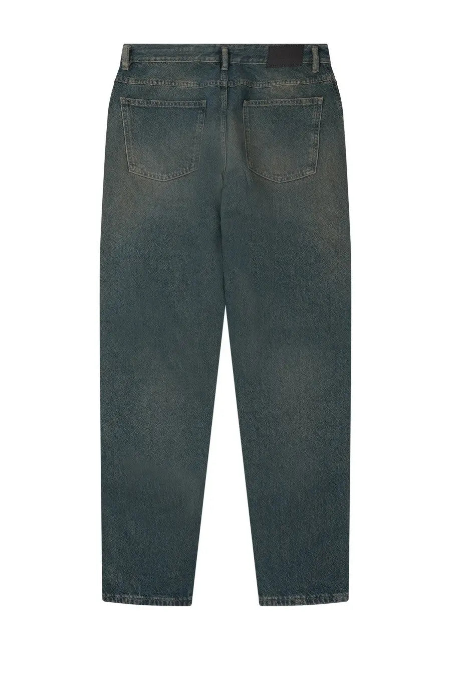 Back view of closed men’s dark wash denim blue jeans with a relaxed fit and classic back pockets
