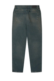 Back view of closed men’s dark wash denim blue jeans with a relaxed fit and classic back pockets