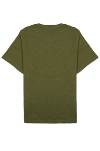 Olive green short-sleeved cotton t-shirt with soft textured fabric and classic crew neck closed men’s shirt classic in cotone green