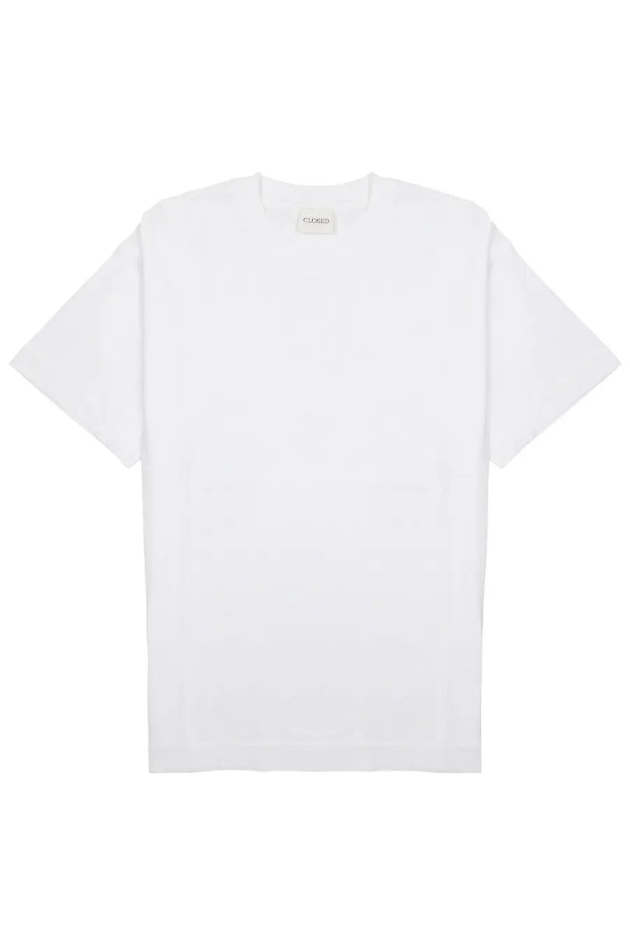 White minimalist crew neck t shirt with short sleeves and subtle brand tag closed mens shirt classic in cotone white
