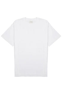 White minimalist crew neck t shirt with short sleeves and subtle brand tag closed mens shirt classic in cotone white