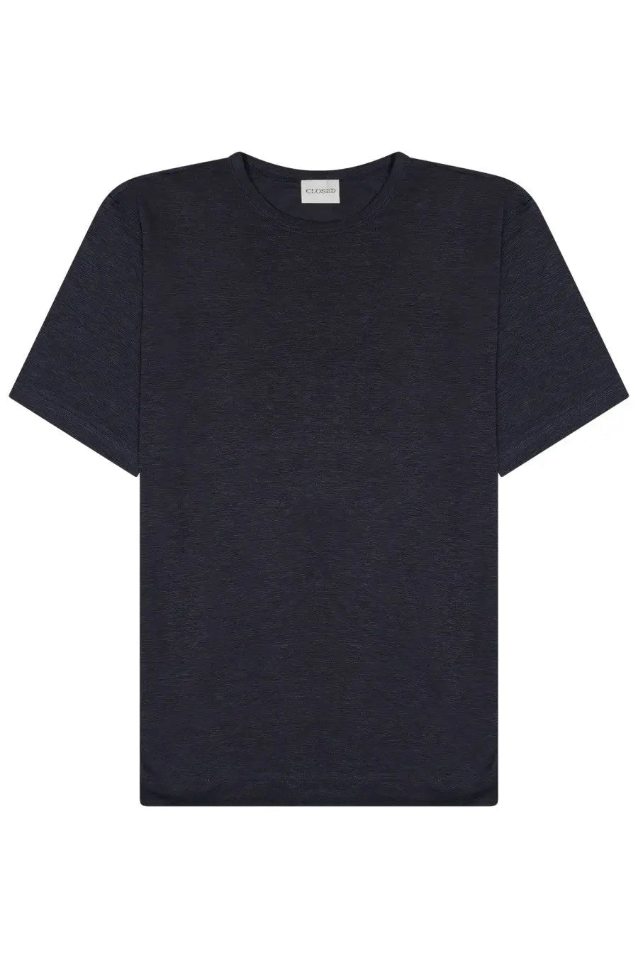 Closed men’s short sleeved shirt blue in dark navy textured fabric with subtle horizontal ribbing and crew neck design