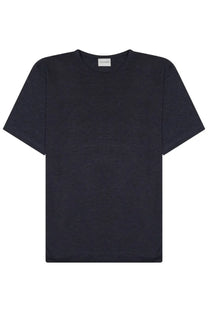 Closed men’s short sleeved shirt blue in dark navy textured fabric with subtle horizontal ribbing and crew neck design
