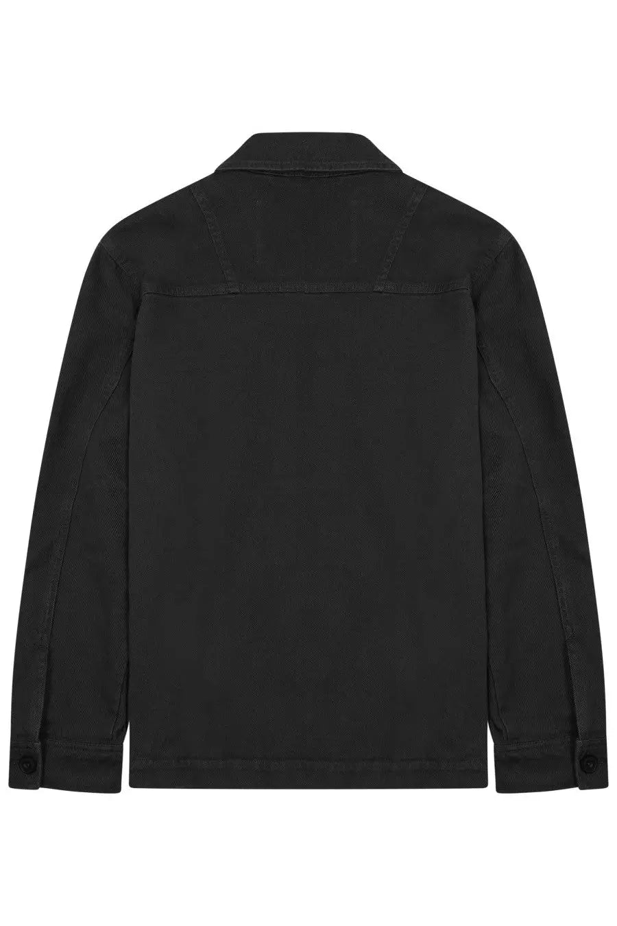 Black cotton closed men’s utility jacket with classic collar and buttoned cuffs