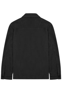 Black cotton closed men’s utility jacket with classic collar and buttoned cuffs