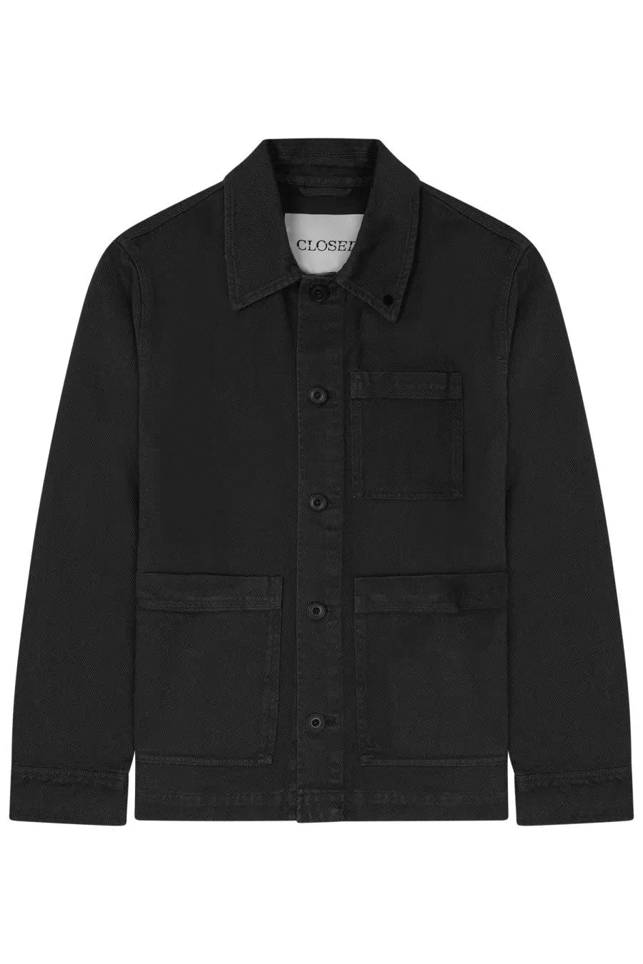 Closed men’s utility jacket black made of cotton with a collar front button closure and three large patch pockets