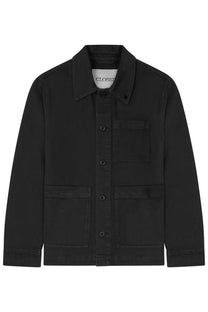 Closed men’s utility jacket black made of cotton with a collar front button closure and three large patch pockets