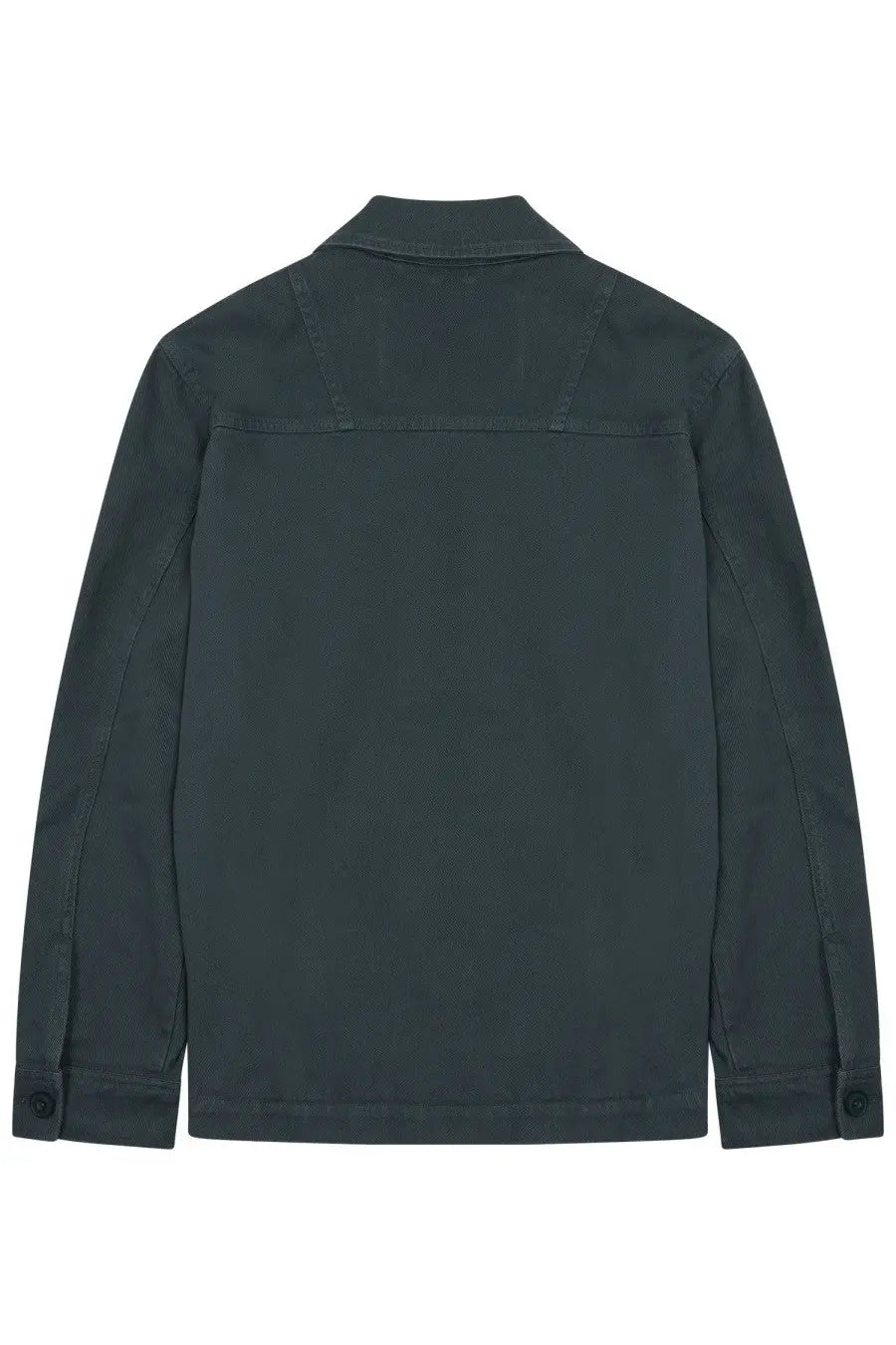 Dark green cotton closed men’s utility jacket with classic collar and buttoned cuffs