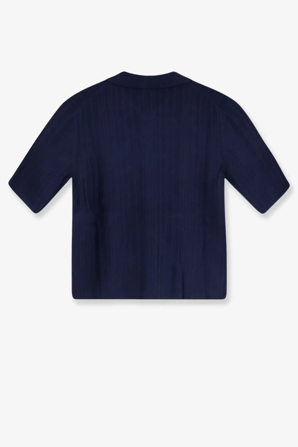 Navy blue short-sleeved polo shirt with rounded neckline and subtle vertical pleats made of cashmere and wool