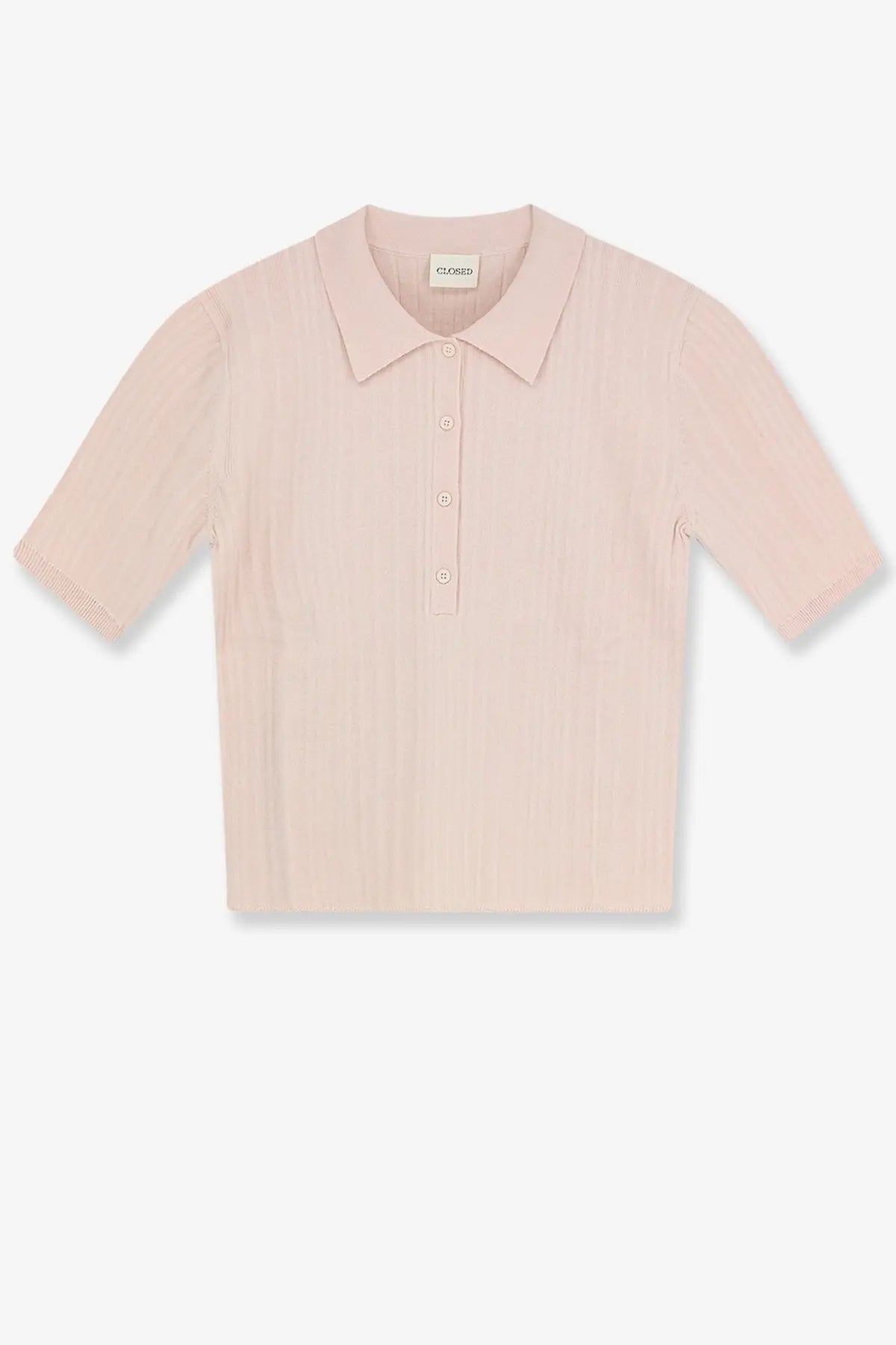 A soft blush pink ribbed knit polo shirt with a classic collar and button placket for women