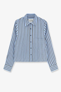 Closed women’s classic cropped shirt blue with light blue and black vertical stripes and dark buttons in long sleeves