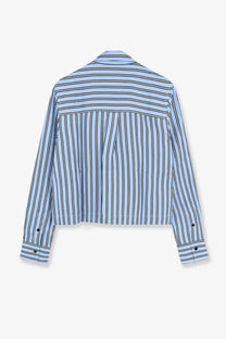 Closed women’s classic cropped shirt in light blue and black vertical stripes with long sleeves and a collar