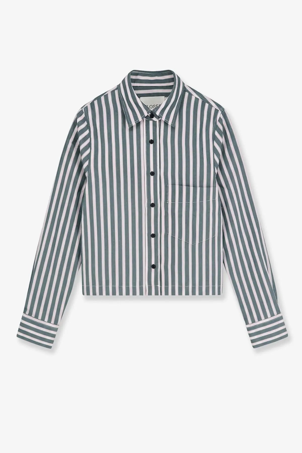 Closed women’s classic cropped long-sleeved button-up shirt with vertical muted green and white stripes