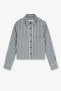 Closed women’s classic cropped long-sleeved button-up shirt with vertical muted green and white stripes