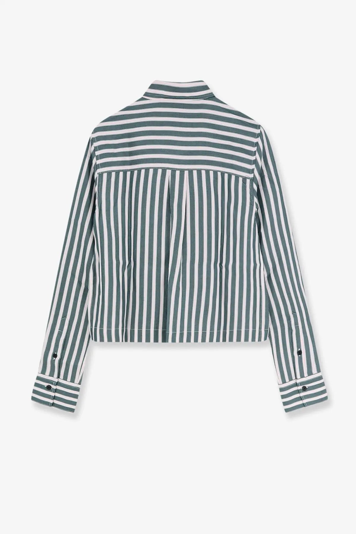 Closed women’s classic cropped long-sleeved button-up shirt in muted green and white vertical stripes with collar and cuffs
